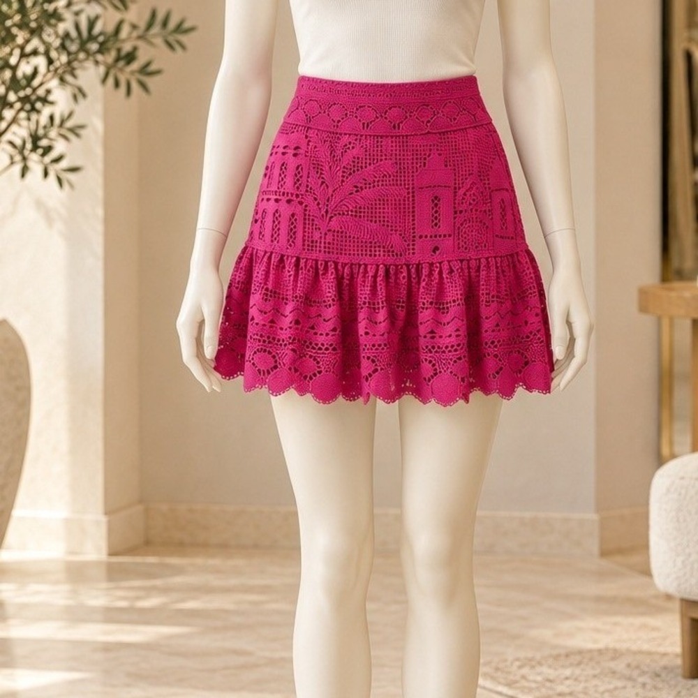 Farm Rio Women Mini Skirt Pink Guipure Lace Palm Tree Ruffle XL